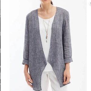 Purejill  Women's Heather Blue Open-Front Linen Cardigan L
